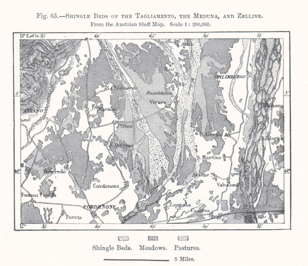 Shingle Beds of the Tagliamento, Meduna & Zelline. Pordenone. Sketch map 1885